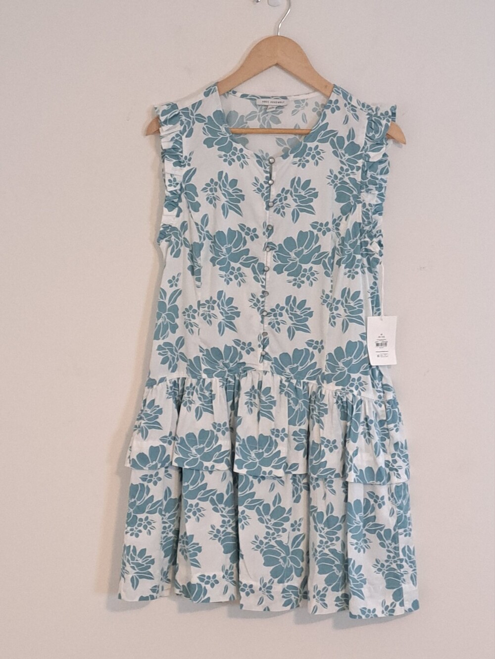 Teal & White Sleeveless Boho Floral Ruffle Tiered Dress Misses Size Med NWT